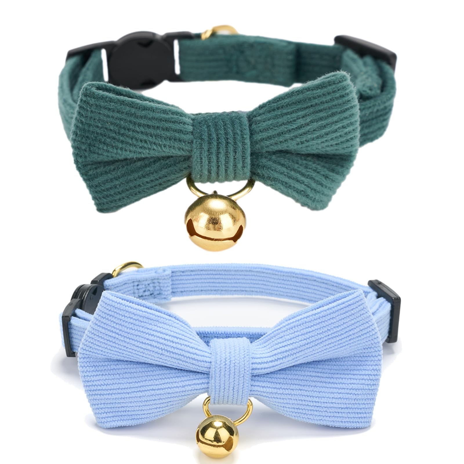 YUDOTE Ultra-soft Collar Natural Cotton Corduroy Made for Cats with Sensitive Skin, Safety Kitten Collars with Quick-release Buckle and Removeable Bow-tie, Blue,Green,Pack of 2