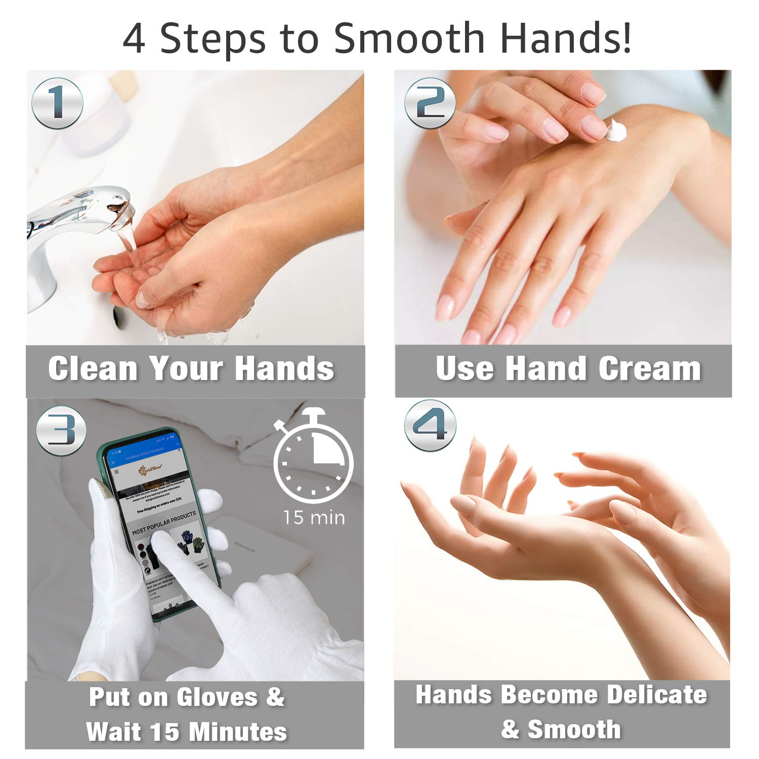 EvridWear 100% Cotton Touchscreen Moisturizing Beauty Gloves with Elastic Cuff, Natural Cosmetic Therapy Gloves for Eczema SPA Dry Hands Care Overnight (White, Large) 2 Pairs : Beauty