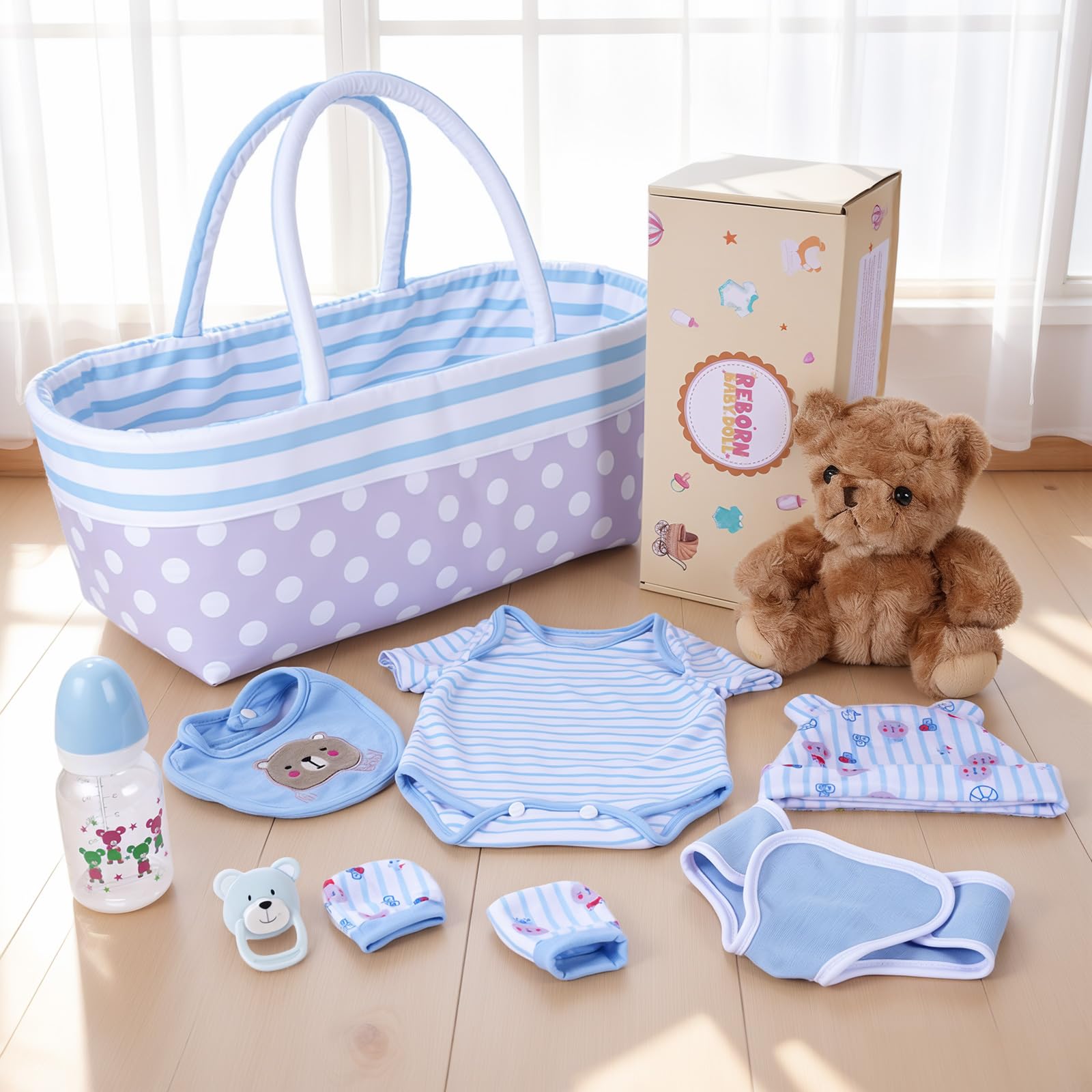 BABESIDE Reborn Dolls Accessories - Bassinet ,Bear Doll，Feeding and Caring Set fit 17-22 Inch Reborn Doll Clothes Boy(9 Pcs)