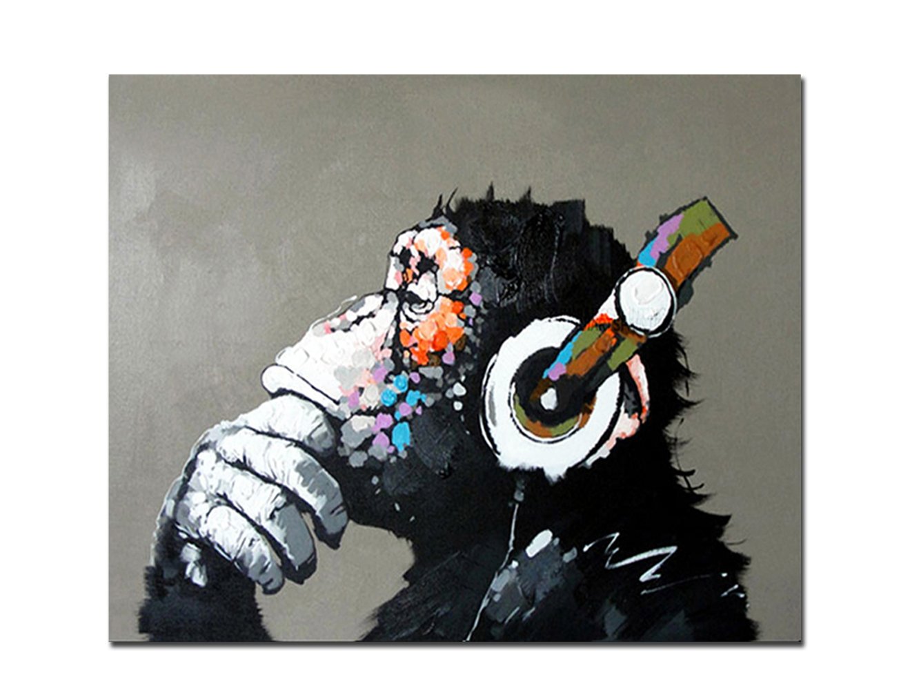 Fokenzary Hand Painted Oil Painting on Canvas Pop Art Cool Ape Listening Music with Headphone Framed Ready to Hang