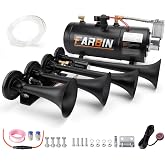 FARBIN 178dB 4 Trumpet Horns Air Horns with Air Tank Train Horn for Truck | 12V 178dB, 4 trumpet horn with 150 PSI 0.8 gal 12V air compressor air tank kit, with button, for Jeep SUV truck train bus