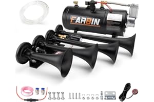 FARBIN 178DB Four Trumpet Horns Super Loud Air Horns with 150 PSI Air Tank Train Horn Kit for Truck with 12V Air Compressor Can for Truck Jeep SUV Train Metal (0.8 gal 12v black parallel air horn kit)
