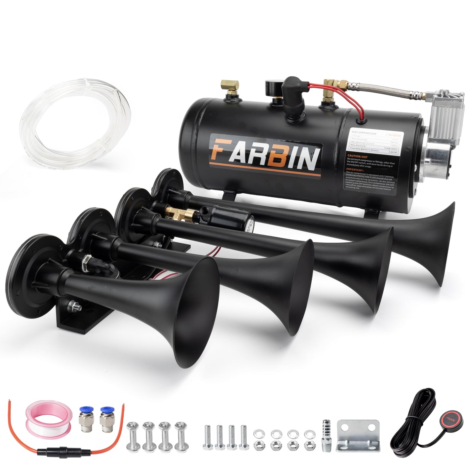 Photo 1 of ***MISSING HARDWARE/PARTS ONLY***FARBIN 178DB Four Trumpet Horns Super Loud Air Horns with 150 PSI Air Tank Train Horn Kit for Truck with 12V Air Compressor Can for Truck Jeep SUV Train Metal (0.8 gal 12V Black Parallel Air Horn Kit)