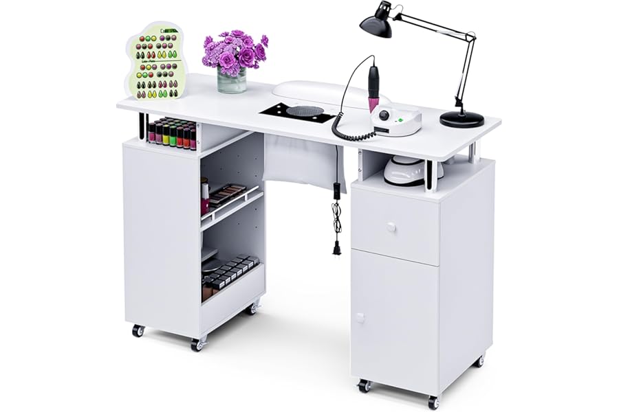 HolaiNail Manicure Table Nail Desk for Nail Tech, Acetone Resistant Beauty Salon Station with Dust Collector, Wrist Pad, Lockable Wheels, Drawer & Cabinet, White