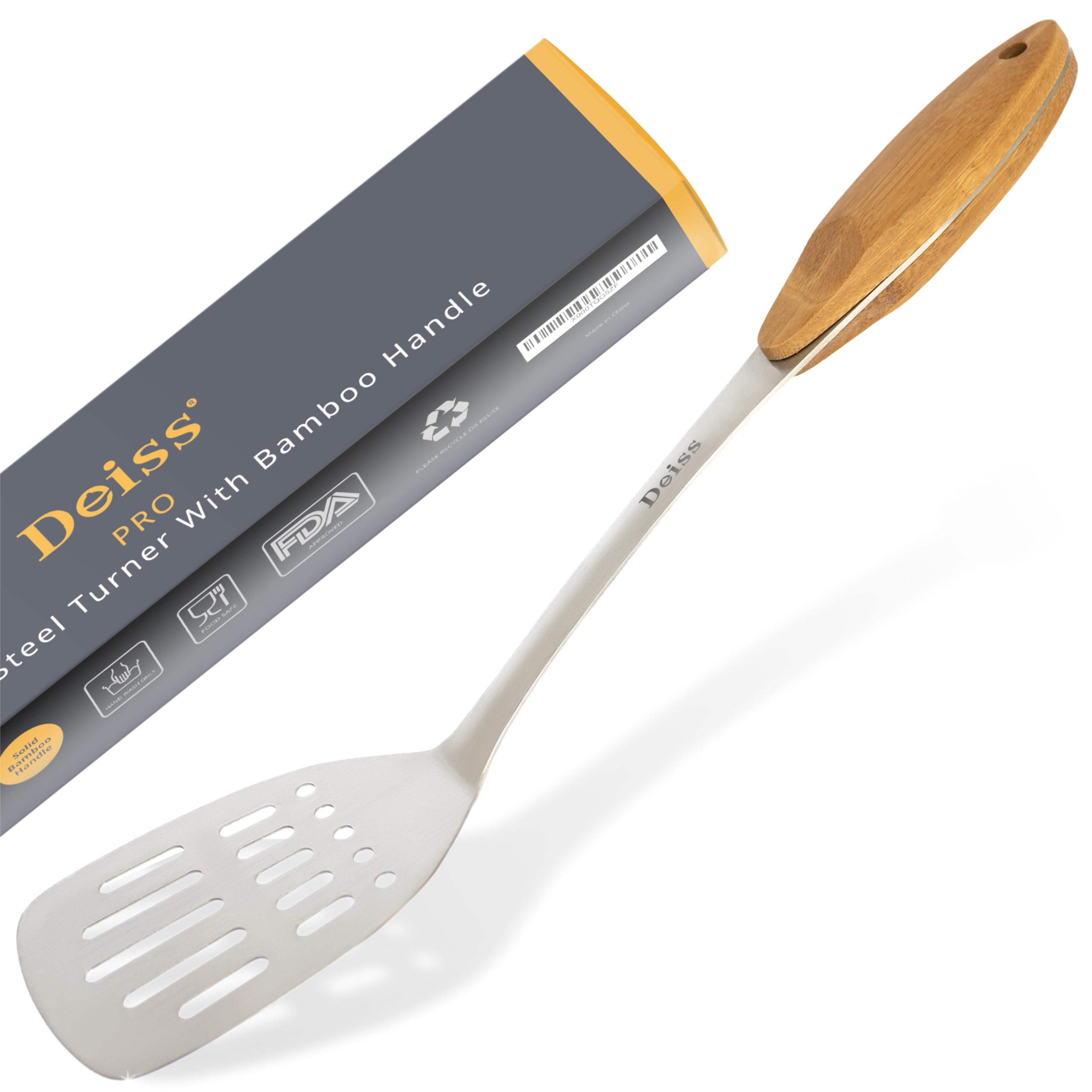 Deiss PRO Metal Spatula with Wooden Handle — Slotted Turner for BBQ — Perfect for Grilling, Scraping, Turning Meat, Mixing Scrambled Eggs, Flipping Burgers - Comfortable Bamboo Handle