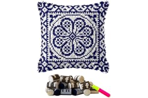 DL-YTG Latch Hook Kits Pillow Blue Flowers Crochet Yarn Cushion Colour Printed Canvas Rug Needlework DIY Pillowcase Hook and Latch Kit Christmas Home Arts Crafts Sofa Decoration 42x42cm/16X16inch