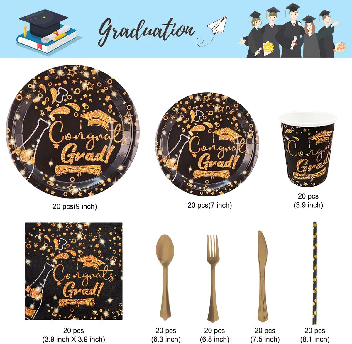 Graduation Party Supplies Black and Gold Disposable Paper Plates