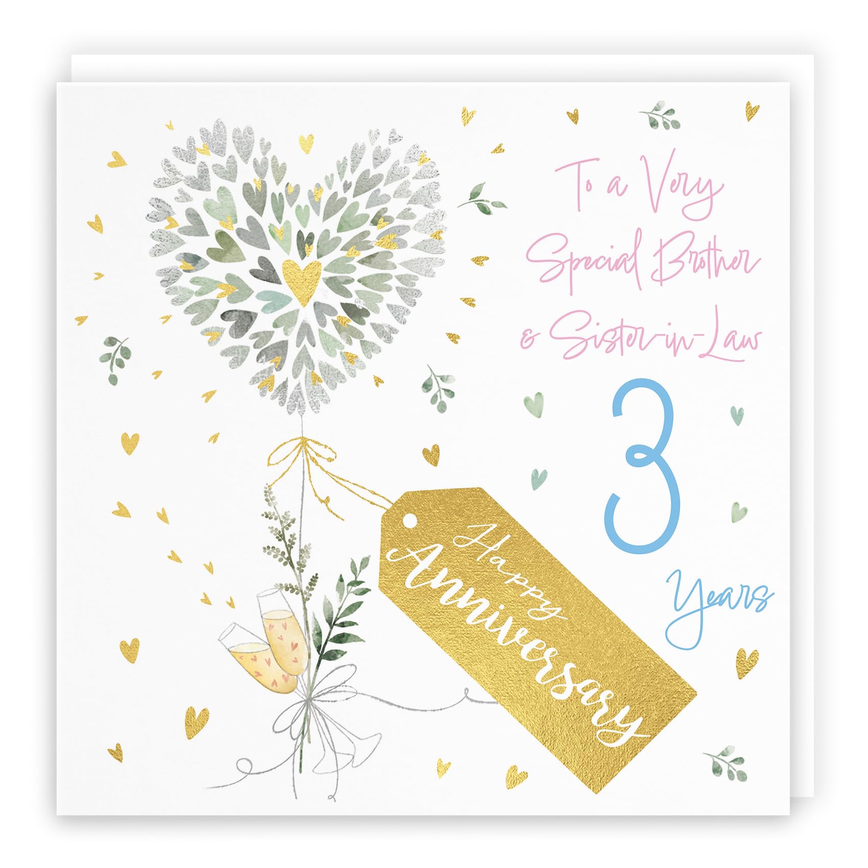 Hunts England - Brother And Sister-in-Law 3rd Anniversary Card - 3 Years - Contemporary Hearts - Gold Foil - 3rd Wedding Anniversary Card For Brother And Sister In Law - Milo's Gallery