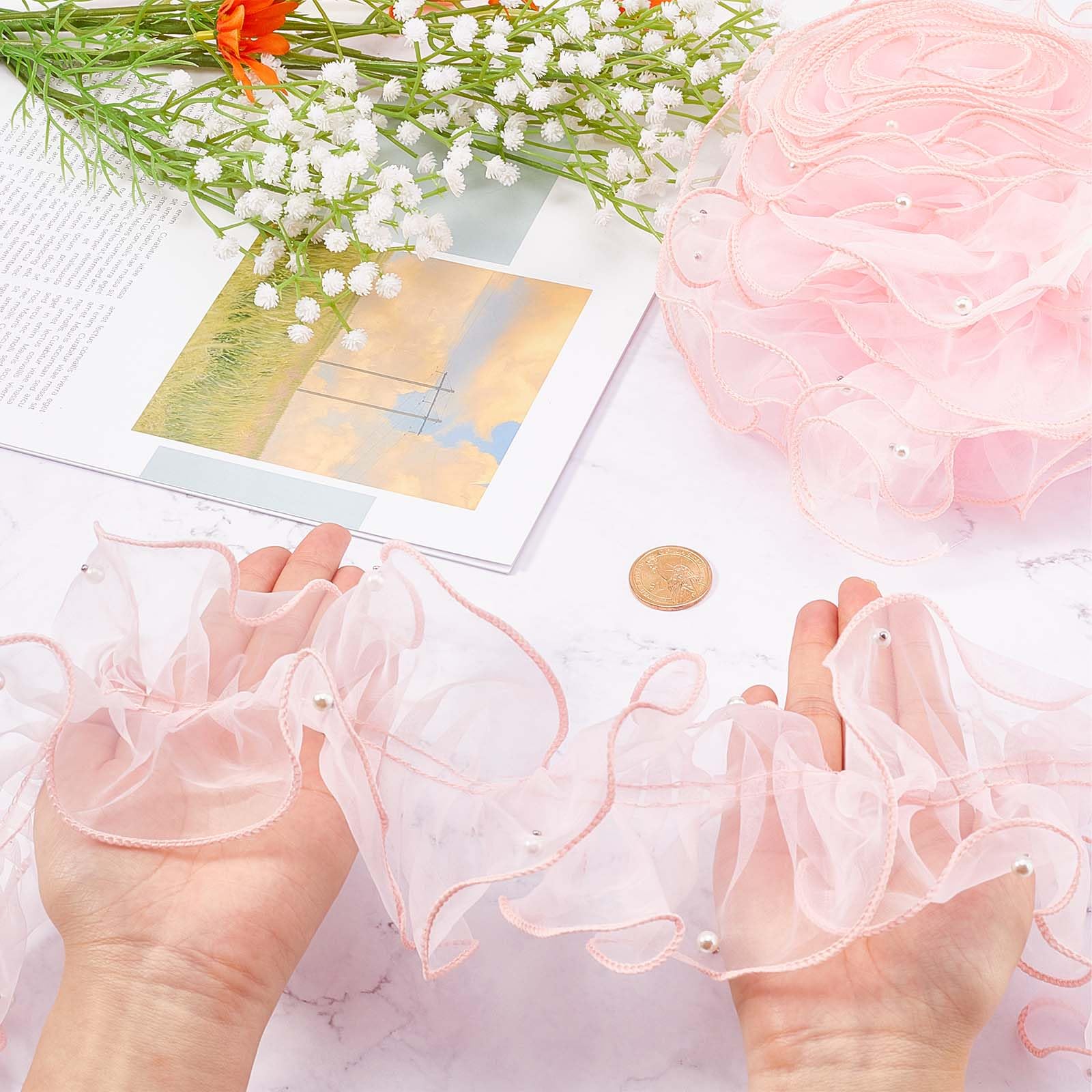 GORGECRAFT 5 Yards Pink Pleated Organza Ribbon Beading Ruffle Lace Trim 4-3/8" Gathered Trimmings Chiffon Beads Lace Edge Trim Fabric Garment Accessories for DIY Applique Sewing Craft Wedding Dress