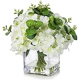 ENOVA FLORAL Silk Hydrangea Artificial Flowers with Vase, Mixed Fake White Hydrangea Flowers and Greenery in Faux Water Vase for Dining Table Decoration, Wedding Centerpieces (Cream White)