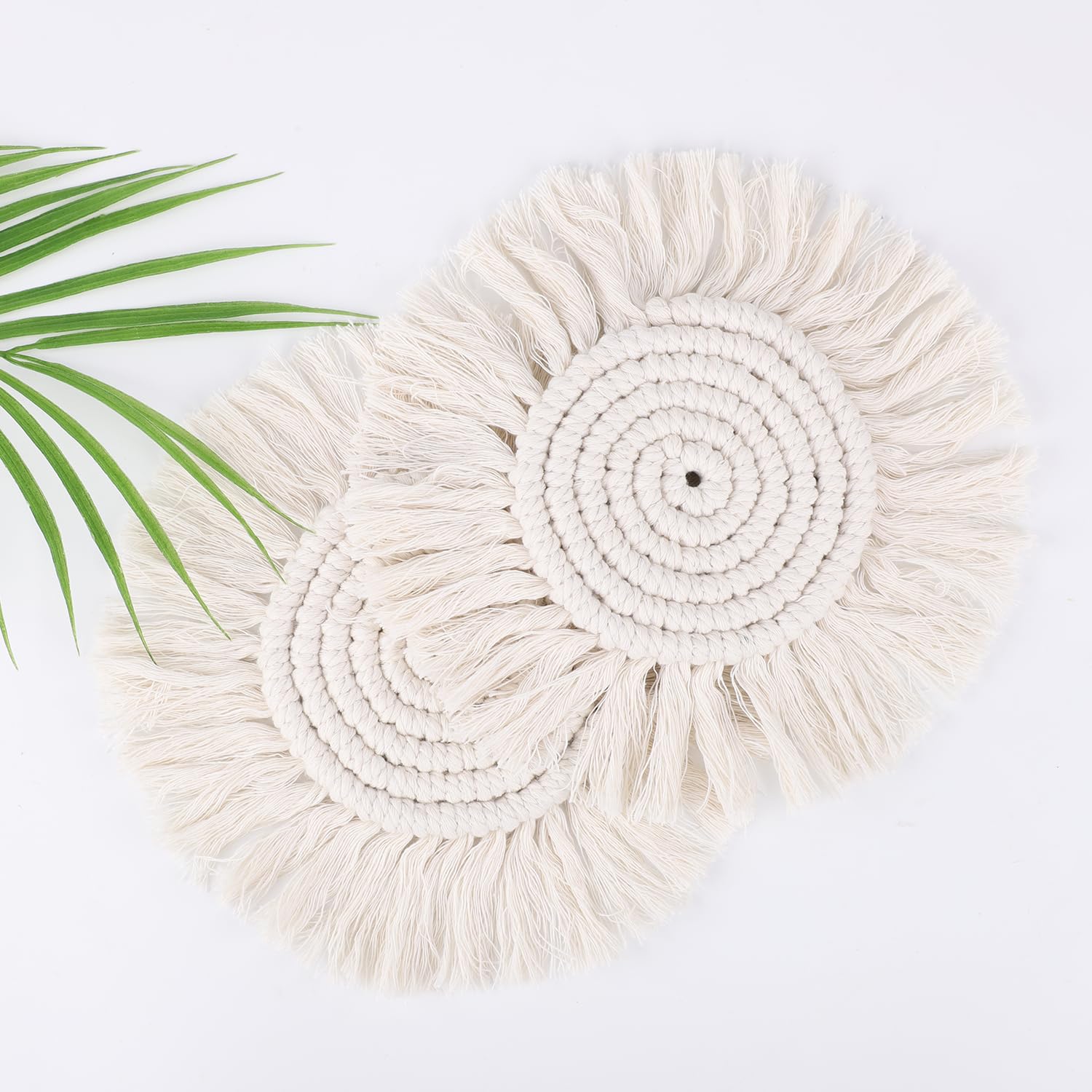 2pcs Fringed Coasters for Drinks, Round Boho Coasters Absorbent Braided Drink Coasters Heat Resistant Macrame Woven Coaster Cup Mat for Coffee Table, Farmhouse, Housewarming Gift