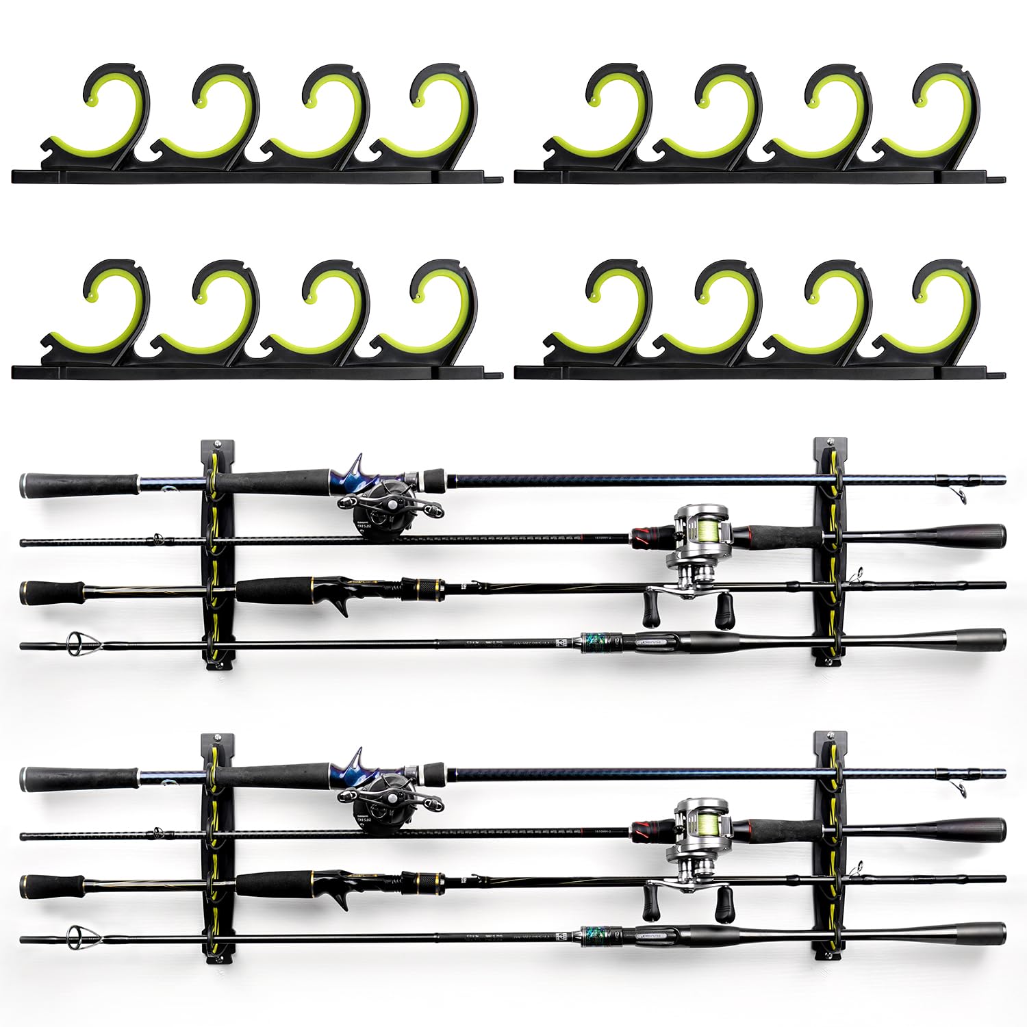 Photo 1 of VEYWANE Fishing Rod Rack for Garage/Vehicle, Horizontal or Ceiling Wall Mounted Rubber Coated Fishing Pole Holders for 8/16 Rods or Combos