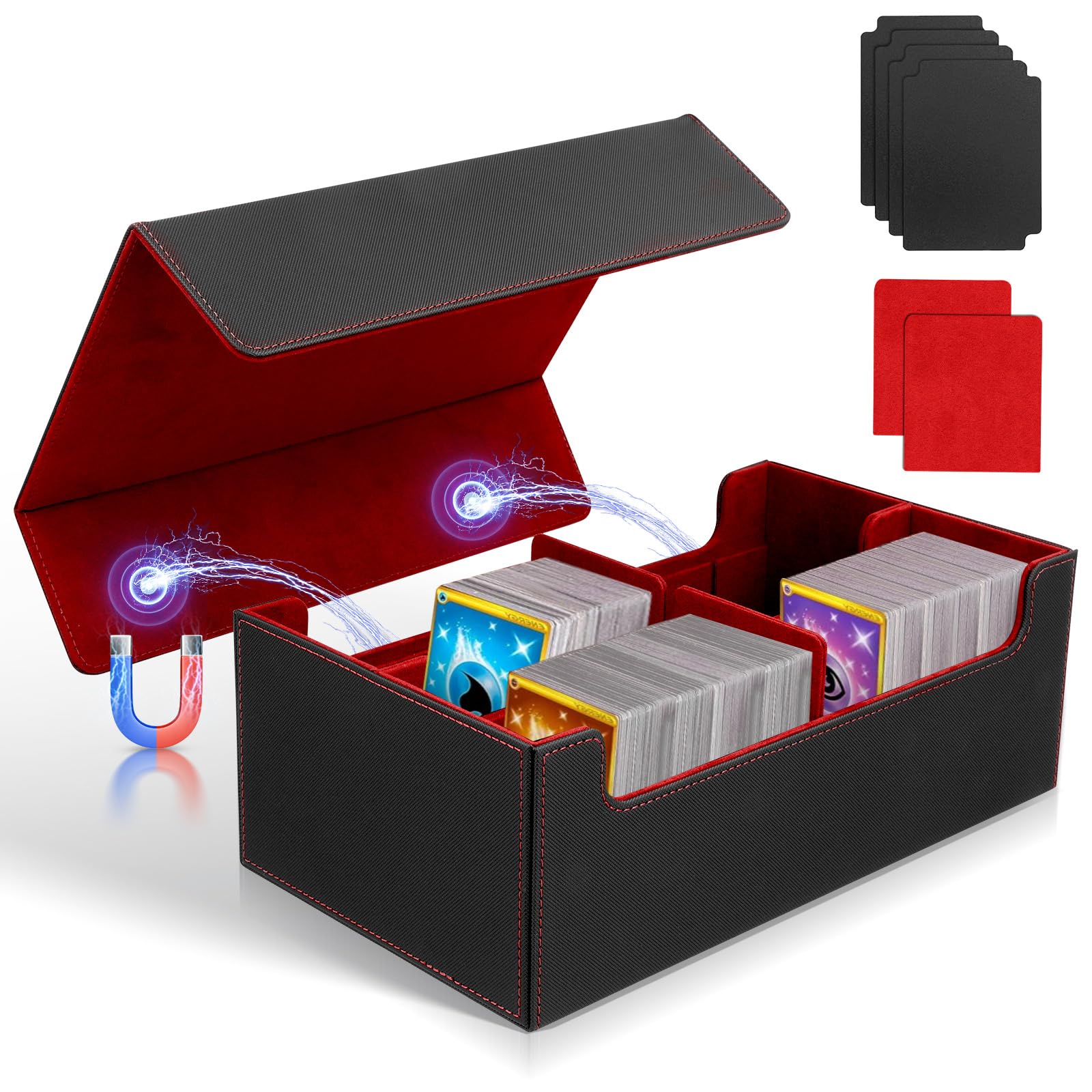 Card Deck Box for Trading Cards, 1600+ Magnetic PU Leather Card Storage Box, 6 in 1 Commander Trading Card Storage Box with 4 Dividers and 2 Insertable Cards for Magic The Gathering (Black+Red)