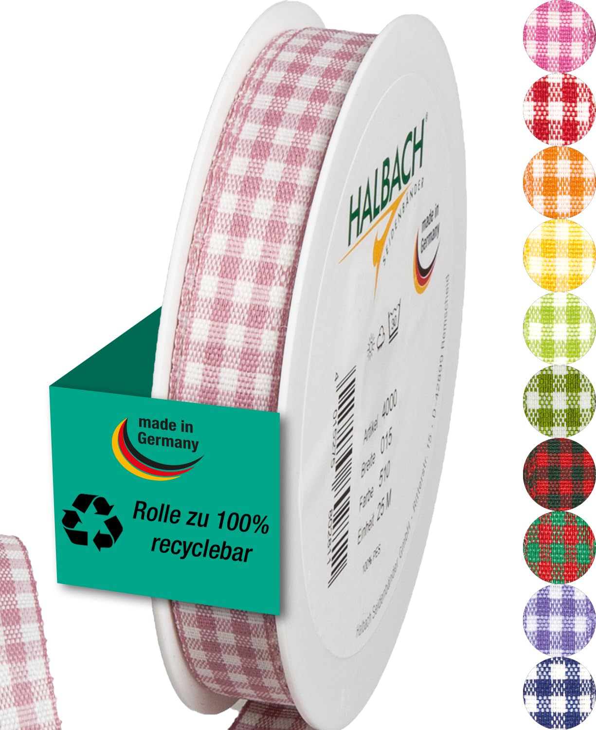 Halbach Seidenbänder Vichy Pale Berry Checked Ribbon for Gift Wrapping, Celebration Ribbon, 15mm Wide