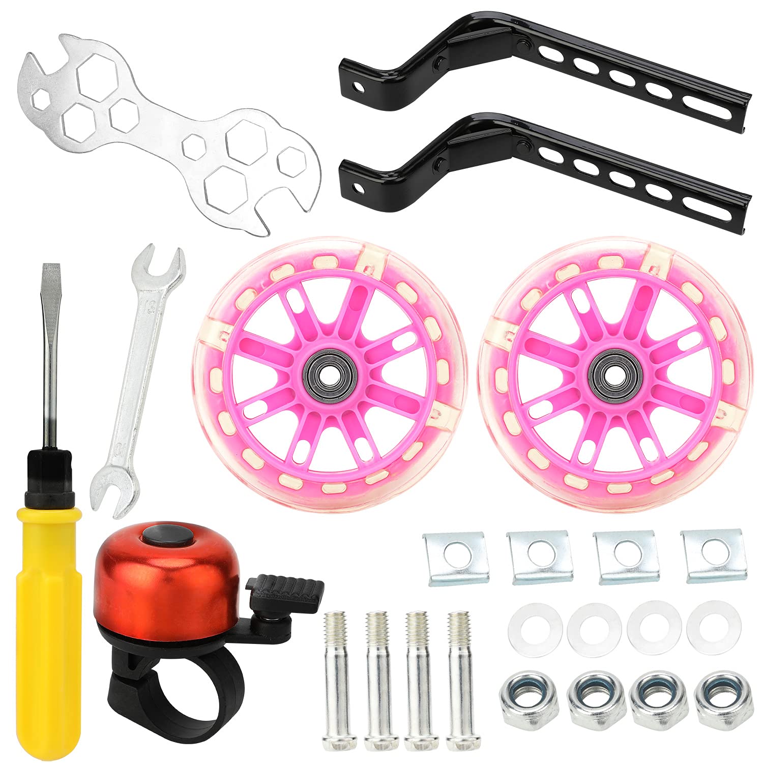 Pwsap Bicycle Training Flash Wheels, Children's Bike Stabilizers Support Wheels Bike Steel Frame for 12 14 16 18 20 Inch Kids Riding Safety Equipment (1 Pair, Pink)