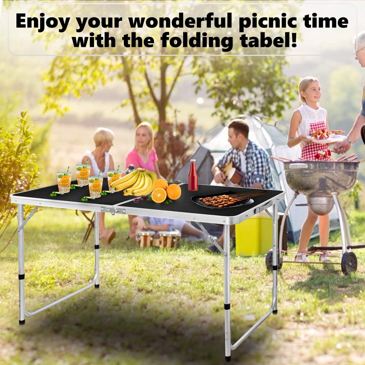 Folding Picnic Table, 4FT Aluminum Height Adjustable Alightweight Portable Handle, Rust Resistance Table for Outdoor Picnic Beach Backyard, 47''x24'', Black: Kitchen & Dining