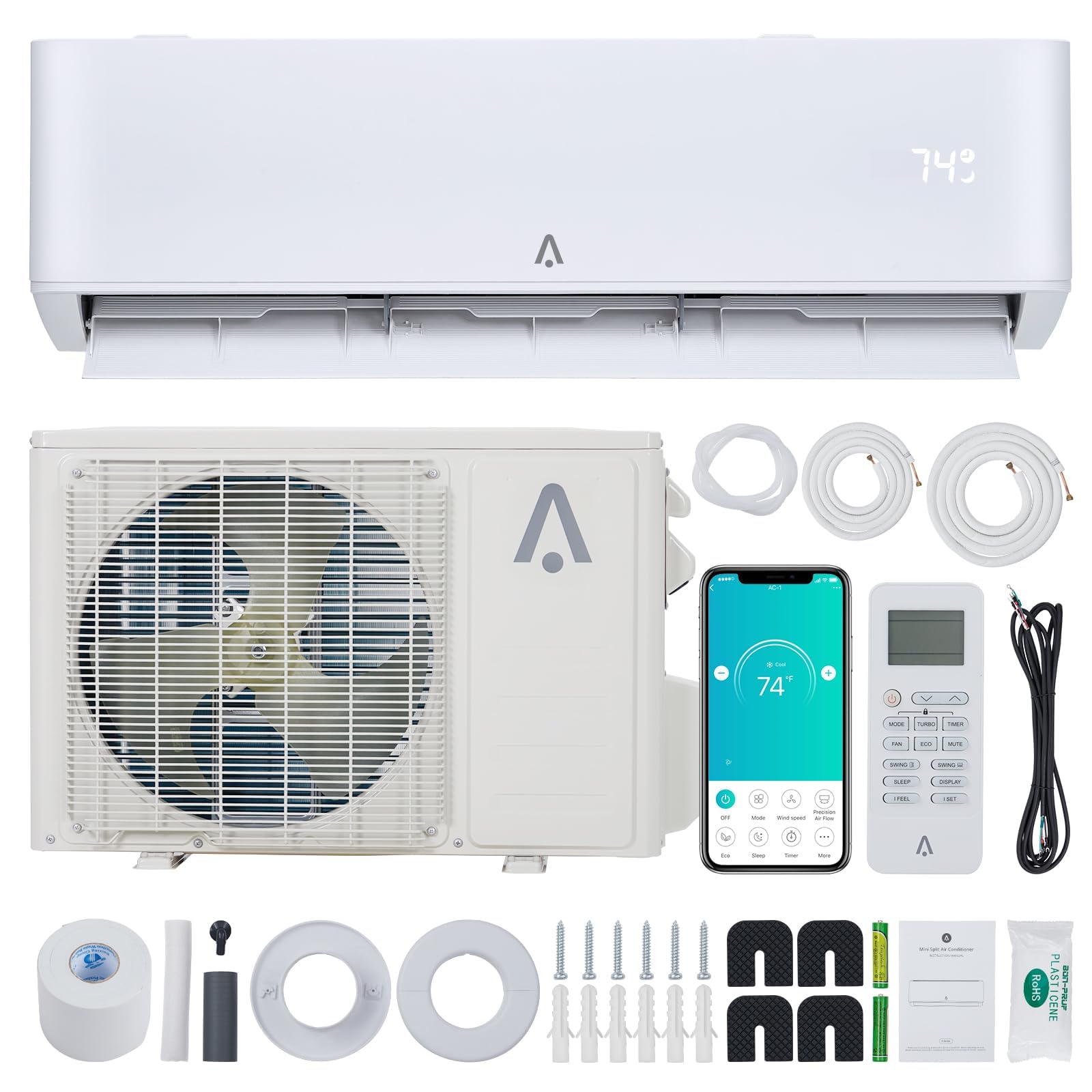 Photo 1 of ***PARTIAL SET, See Notes - PRICE ADJUSTED*** 24,000 BTU Ductless Mini Split Air Conditioner & Heat Pump, 23 SEER2 Inverter, Smart WiFi/Alexa, Cools/Heats Up to 1,500 Sq.ft, 16ft Install Kit, Wall-Mount AC System, Quiet Operation, Self-Cleaning