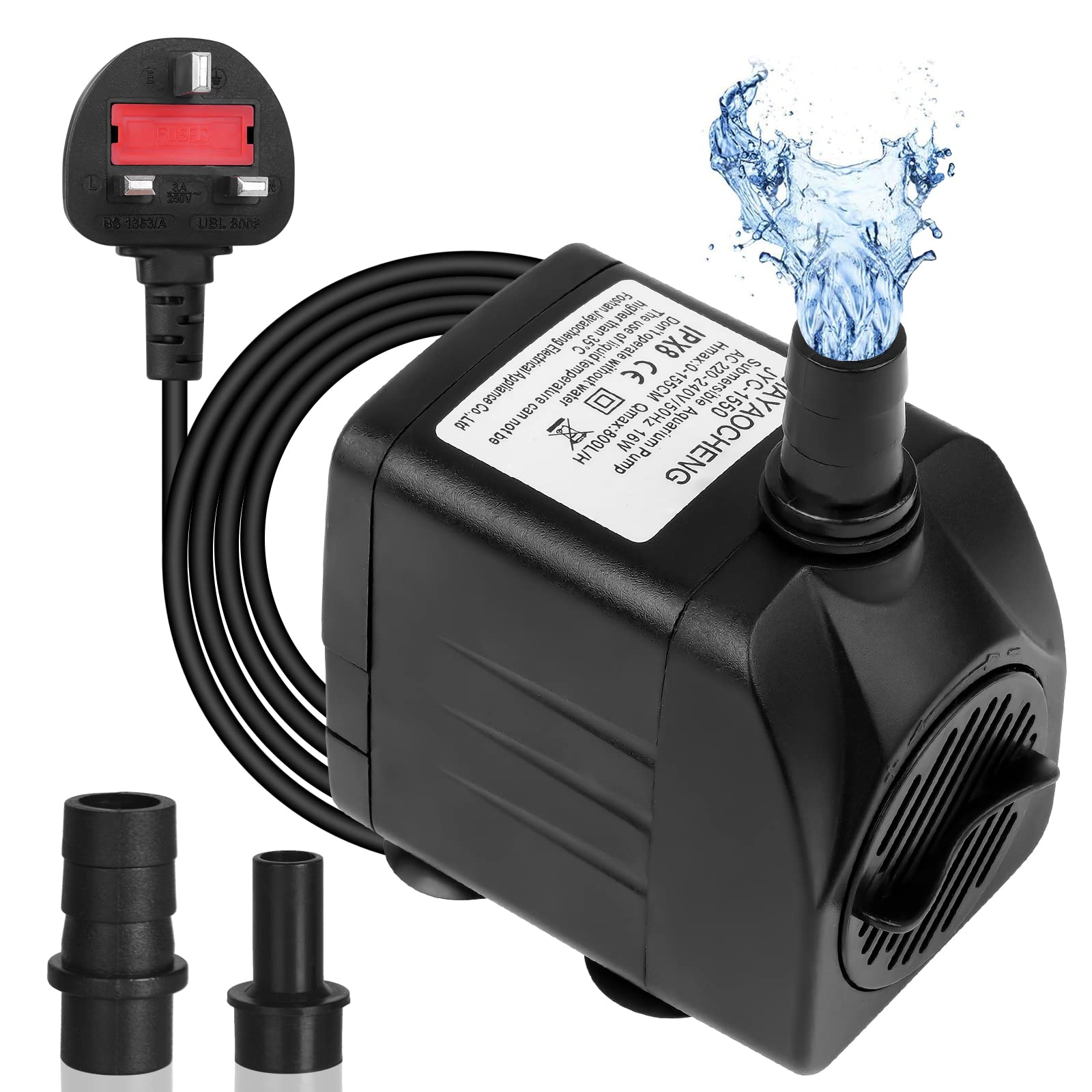 Flintronic Submersible Water Pump(800L/H 16W), Ultra-Quiet Water Pump1.6m/5.2ft High Lift, Fountain Pump with 1.4m/4.5ft Power Cord&2 Nozzles for Aquarium, Fish Tank, Statuary, Hydroponics