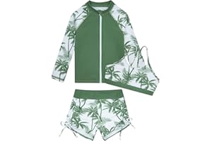 Funnycokid Girls Swimsuit 3 Pieces Zip Rash Guard Bathing Suits Set Kids Bikini Boyshort Summer Swimwear 3-14 Years