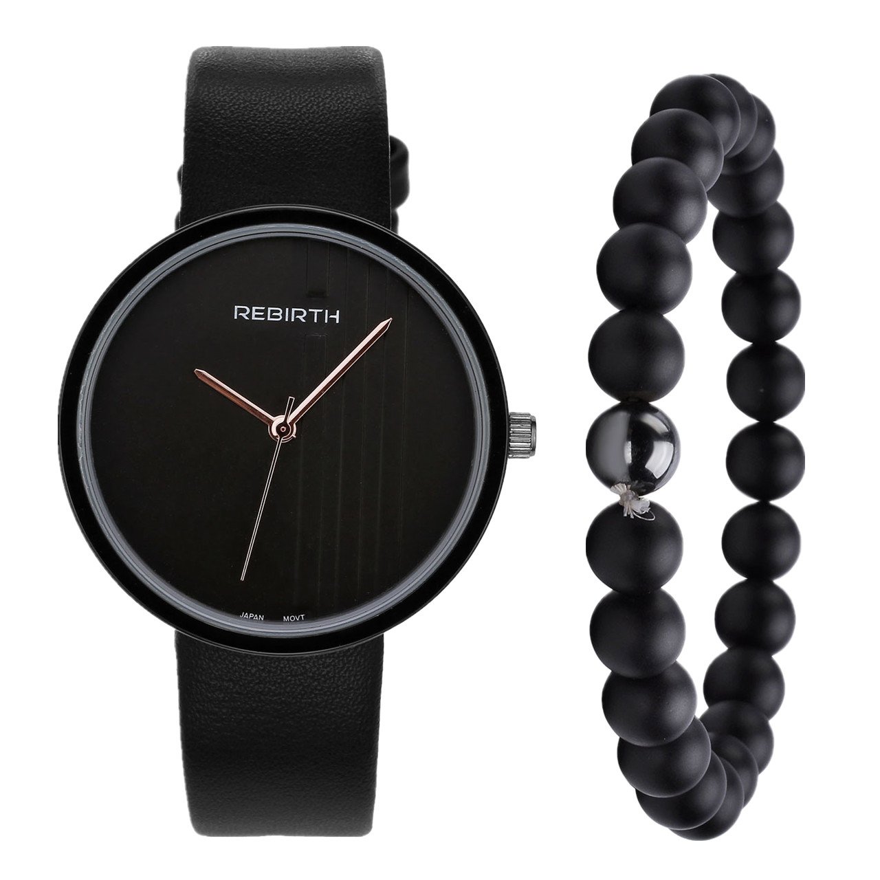 JSDDE Armbanduhr Set,Japanische Uhrwerk Lederband Schwarz Uhr+Armband Unisex 8MM Matte Schwarz Achat Magnet Stein Armreif