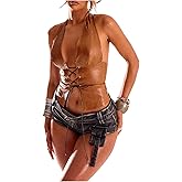 BEAUDRM Women's PU Leather Halter Tank Top Lace Up Front Crop Top Sleeveless Y2K Backless Top