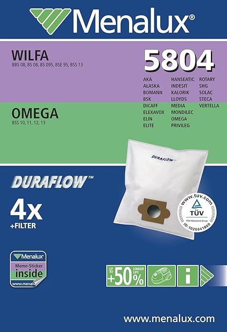 Menalux 5804, Duraflow, 4 Staubbeutel für Alaska, Kalorik und Solac