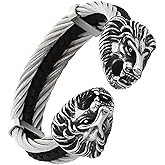 Klapgo Men's Silver Gold Bracelet Viking Lion Head 316 Stainless Steel Leather Open Cuff Leather and Rope Chain Gothic Vintage Animal Totem Bangle