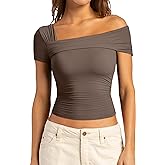 SUUKSESS Women One Off The Shoulder Summer Tank Tops Ruched Short Sleeve Shirts