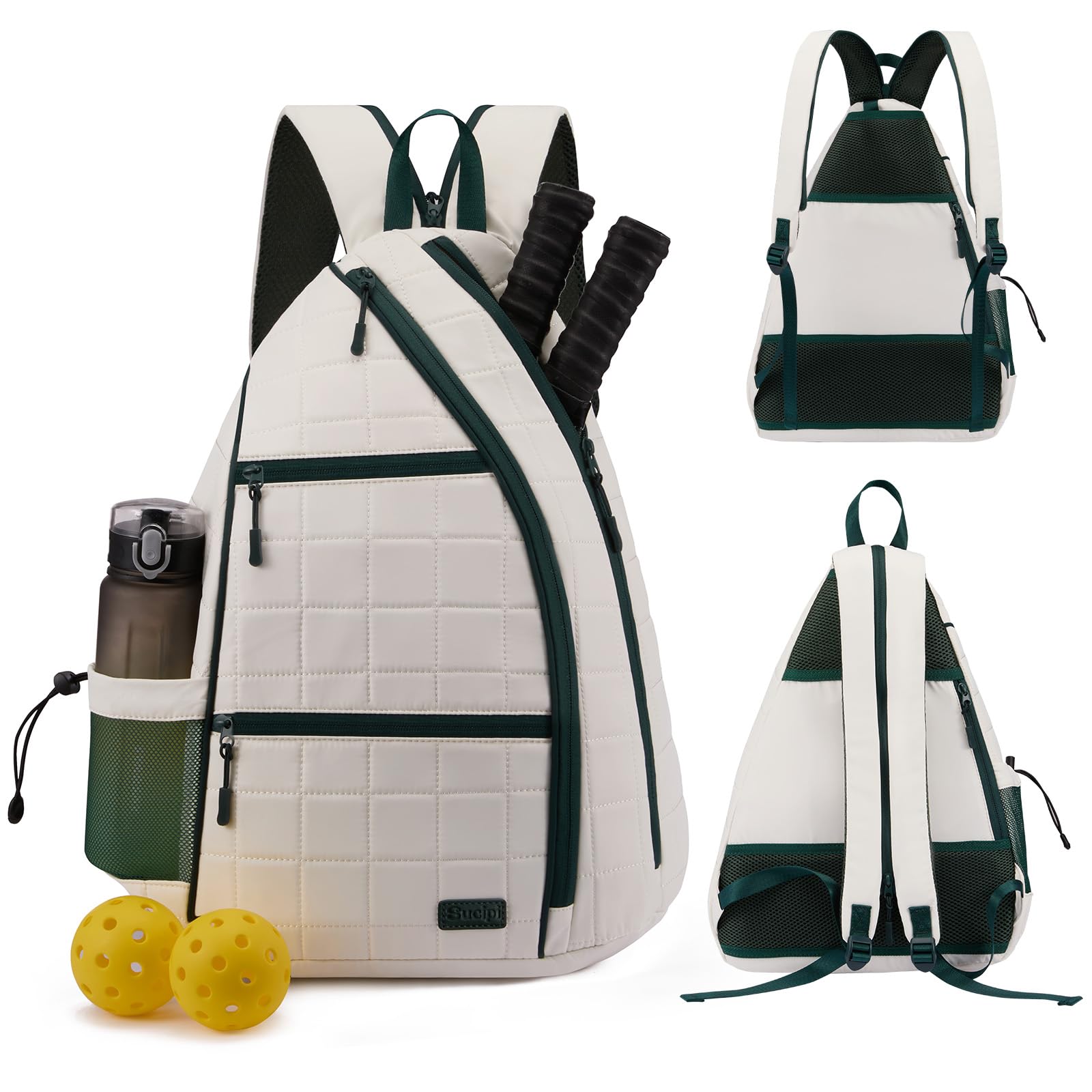 Photo 1 of Sucipi Pickleball Bag for Women, Pickleballs Backpack with Fence Hook Reversible Quilted Crossbody Sling Bags Pickle Ball Paddle Bag-Holds Paddles, Pickleballs Accessories,Green White