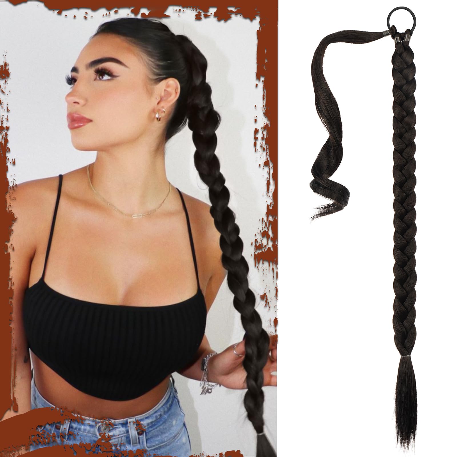 Sofeiyan Long Braid Ponytail Extension with Hair Tie Straight Sleek Wrap Around Hair Extensions Braid Pony Tail Fluffy Natural Soft Synthetic Hairpieces for Women Daily Wear, 30 inch-Black Brown