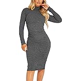 Kaximil Women's Ribbed Basic Casual Midi Dress Long Sleeve Bodycon Ruched Club Dresses