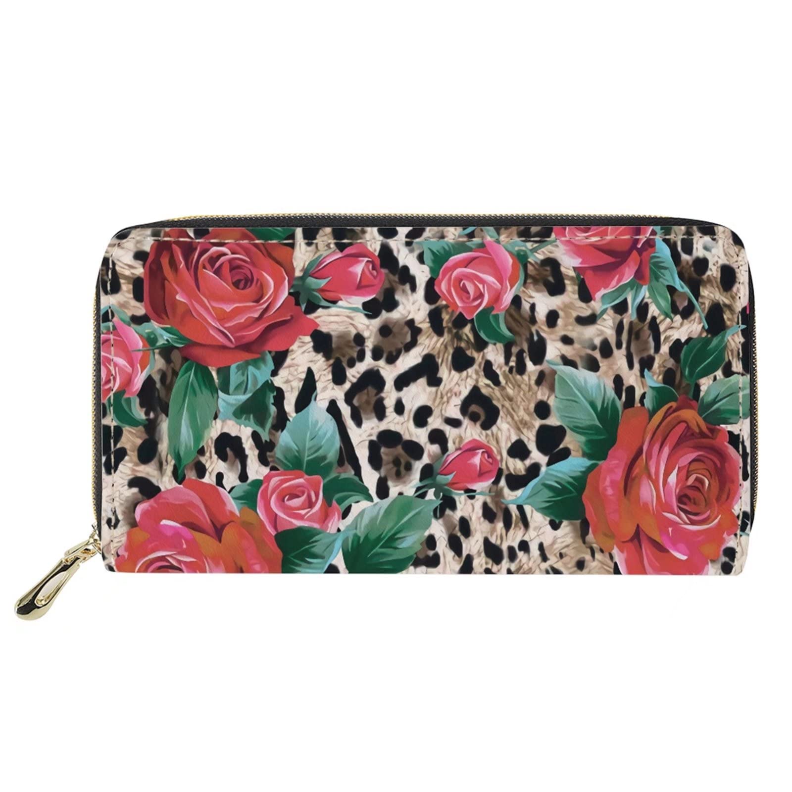 Pizding PU Leather Long Clutch Wallet with Zipper for Women Girls Print Flowers Leopard Coin Money Travel Purse, Red Flowers Leopard
