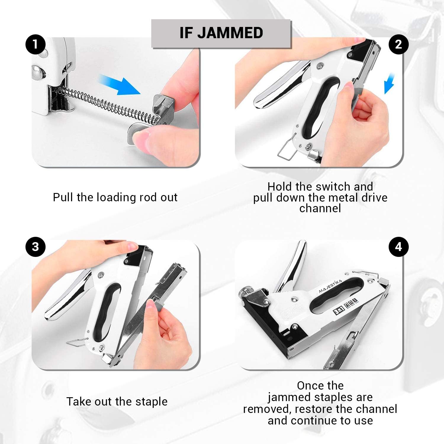 MAJESTIKA – Heavy Duty Staple Gun for Upholstery with 1500 Staples (D, U and T-Type), Staple Remover, 3 in 1 Stapler Gun for Upholstery, DIY Repair, Decoration, Carpentry, Wood Furniture. : Office Products
