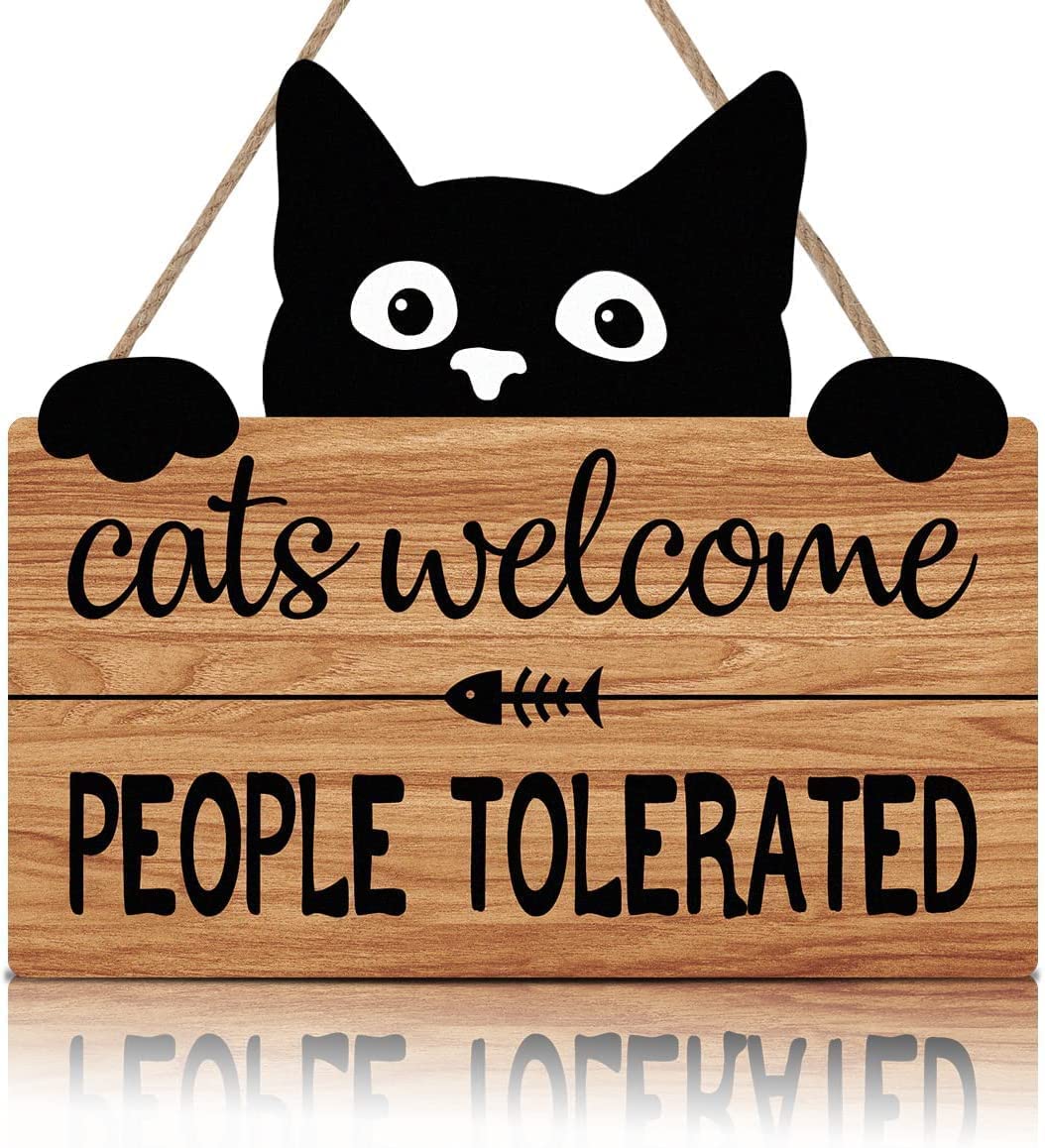 TOARTi Black Cat Welcome Wood Plaque - Pet Lover Sign with Cats Welcome, People Tolerated