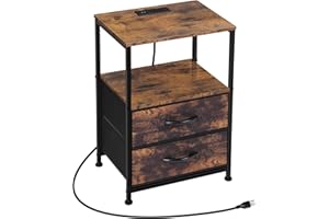 Vrisa Nightstand with Charging Station Small Bedside Table with Fabric Drawers Night Stand with USB Ports and Outlets for Bedroom Living Room
