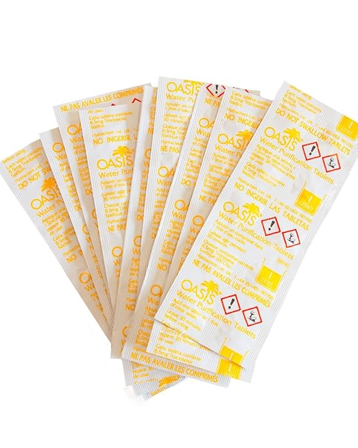 title=Oasis 100 pastiglie per purificare l'acqua, (10 x strisce separate in plastica)