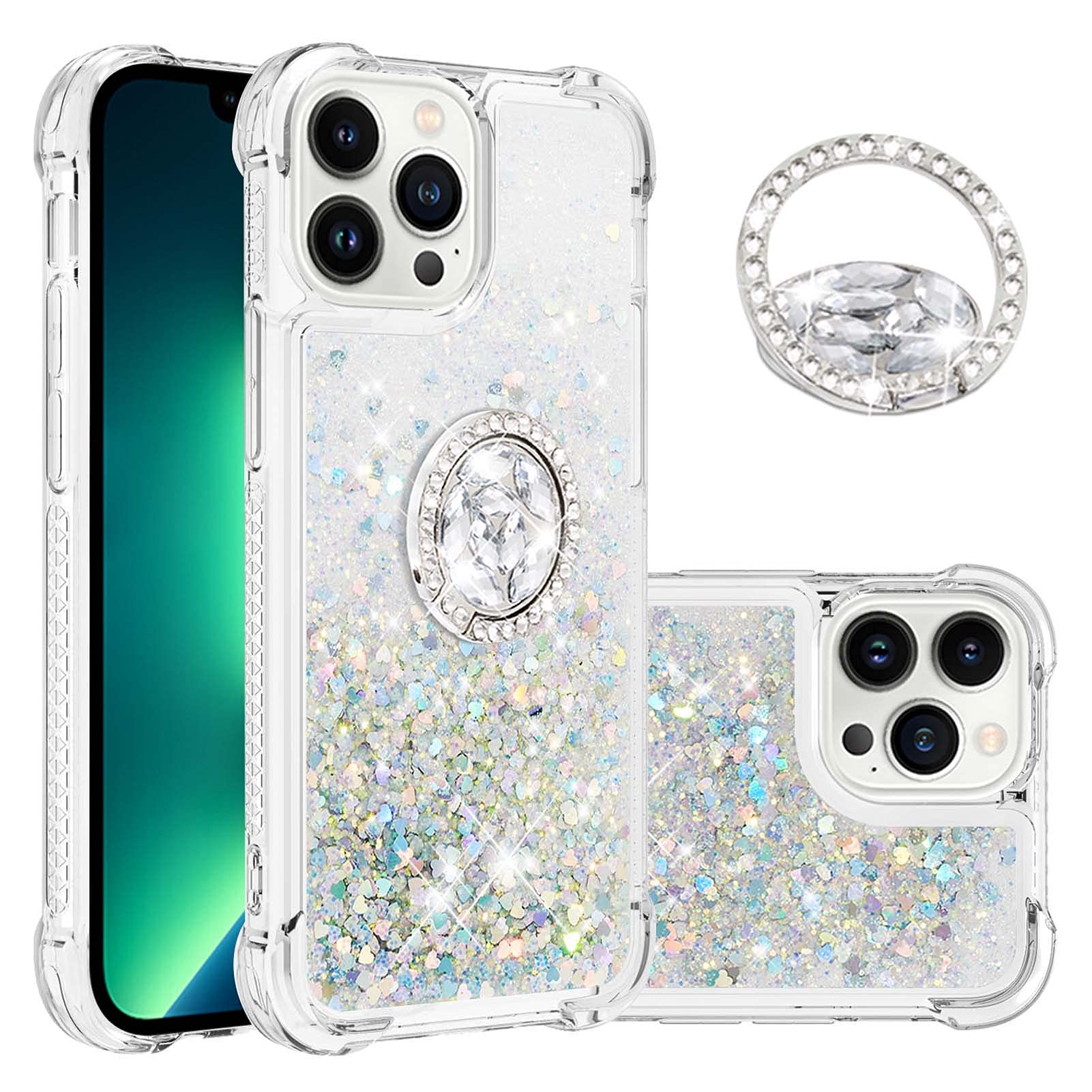 QIWEIQING Shockproof Case for iPhone 15 Pro 6.1", Glitter Bling Shine Diamond Heart Rainbow Quicksand TPU Shell with Rotating Finger Ring Kickstand Back Case for iPhone 15 Pro 6.1". Silver YBH