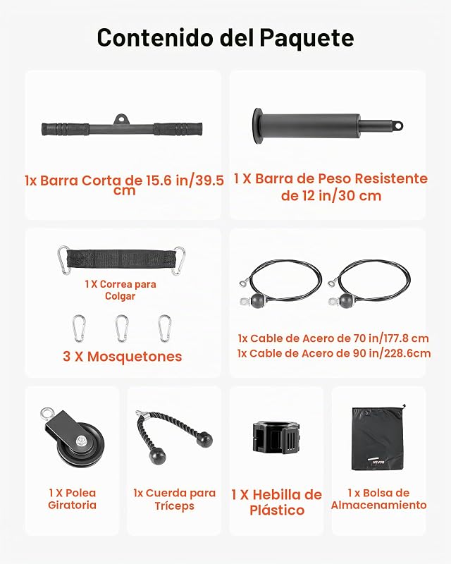 Sistema de polias de carga de 127 kg, conjunto de polias do ginásio doméstico com 2 cabos de aço, barra curta de 39,5 cm, corda para tríceps, treino de braços para bíceps, ombros, costas