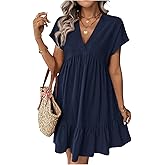 SOLY HUX Women's Summer Dress V Neck Short Sleeve Ruffle Hem Babydoll Flowy Loose Short Dresses Sundress Plain Blue Large