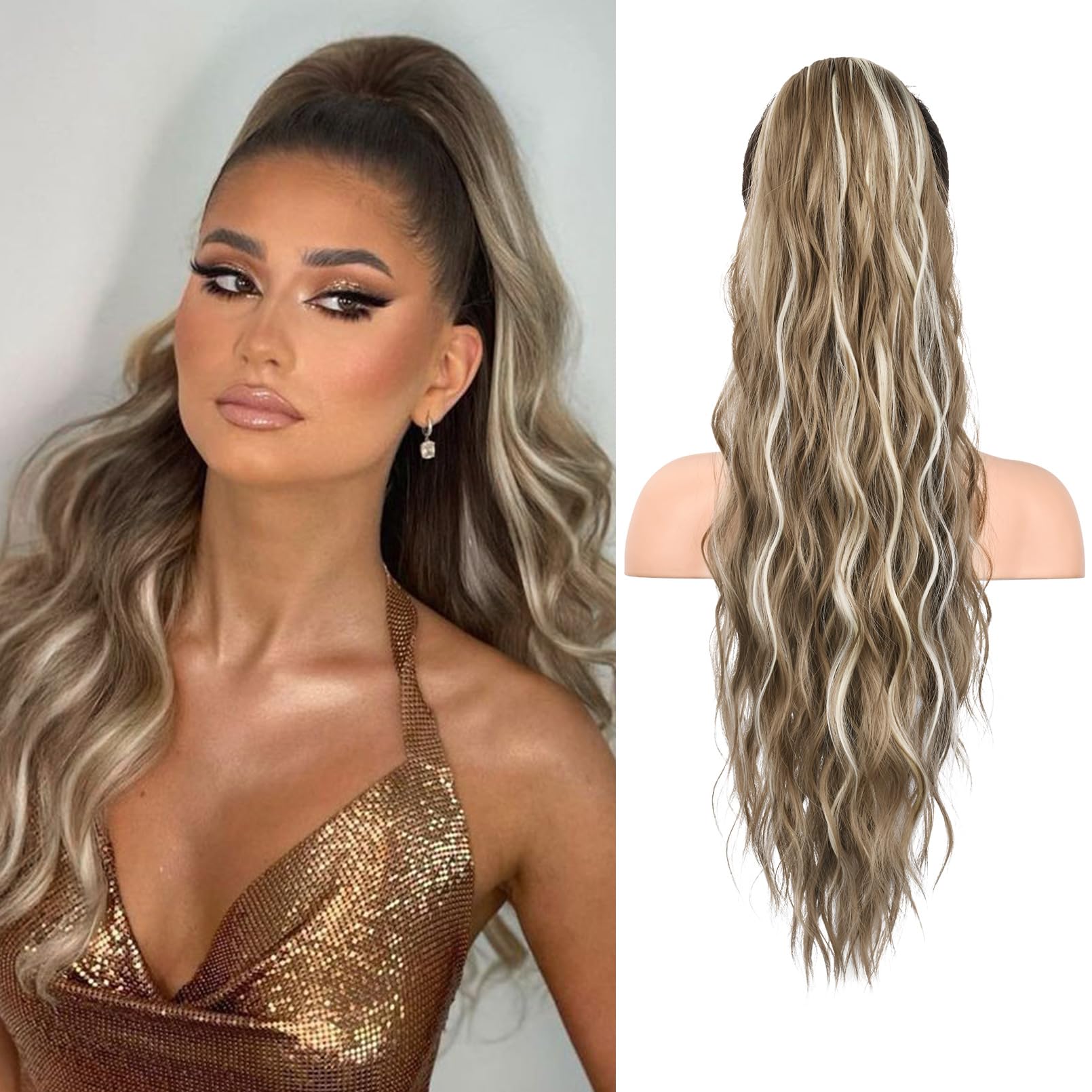 REECHO Ponytail Extension, 26" Long Beach Wave Drawstring Pony Hair Extension Synthetic Pony Tail Hairpiece for Women - Ash Brown with Platium Highlights โ image 1
