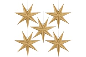 BALUN ADMHAIL 5 Pcs 7-Pointed Brown Wooden Paper Star Ornaments 12 Inch Christmas Hanging Paper Stars 3D Paper Star Pentagram Lampshade Foldable for Wedding Birthday Christmas Home Party Decor