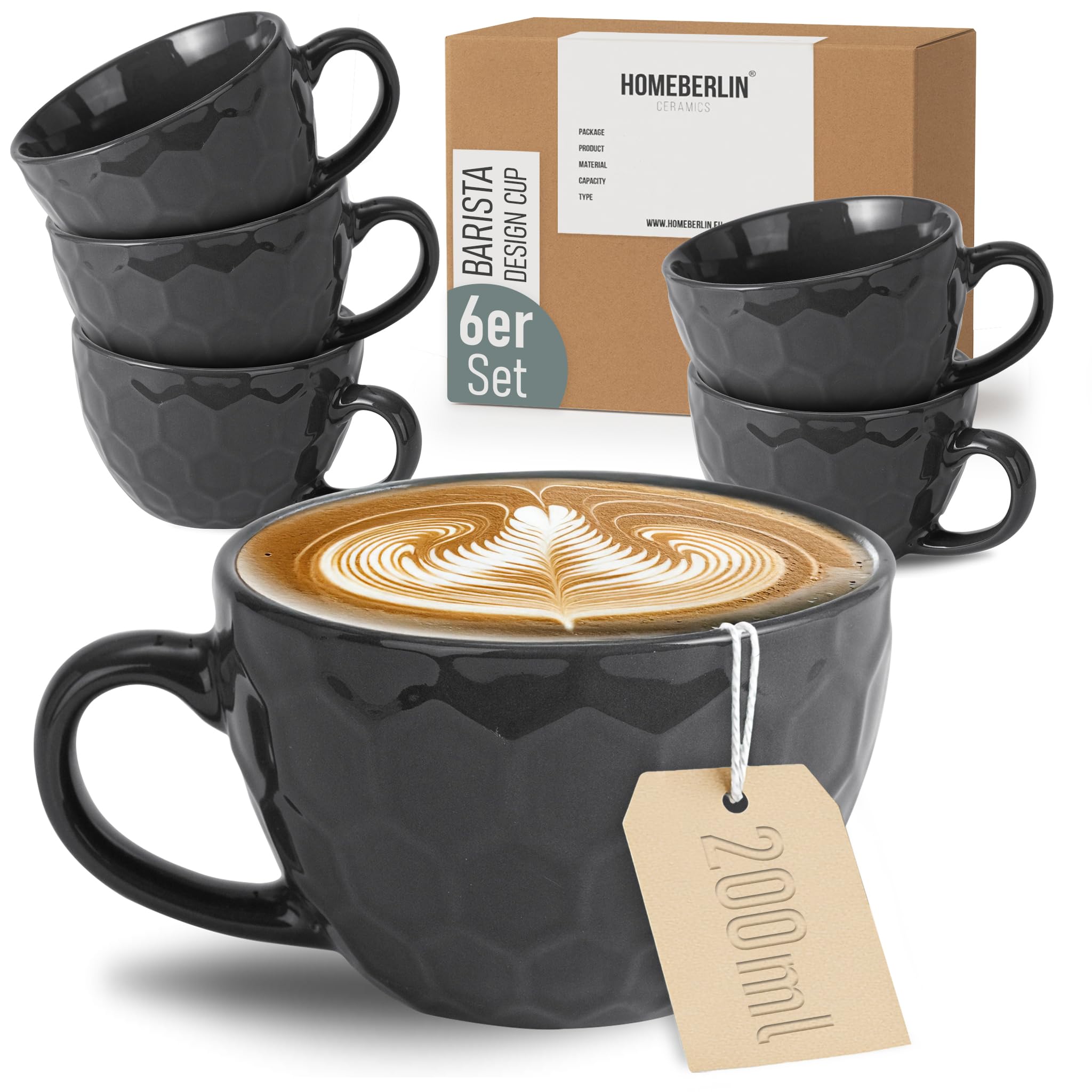 HOMEBERLIN Barista Set of 6 Cappuccino Cups - 200 ml Coffee Cups Set - Premium Coffee Cups Set Made of High-Quality Stoneware - 6 Modern Coffee Cups Made from 100% Handmade - Thick-Walled Coffee Cup