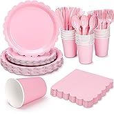 168 Pcs Pink Paper Plates and Napkins, Light Pink Party Supplies Include Scalloped Plate Napkins Cups Forks Knives Disposable Plastic Cutlery for Xmas Dinner Plates Table Decorations