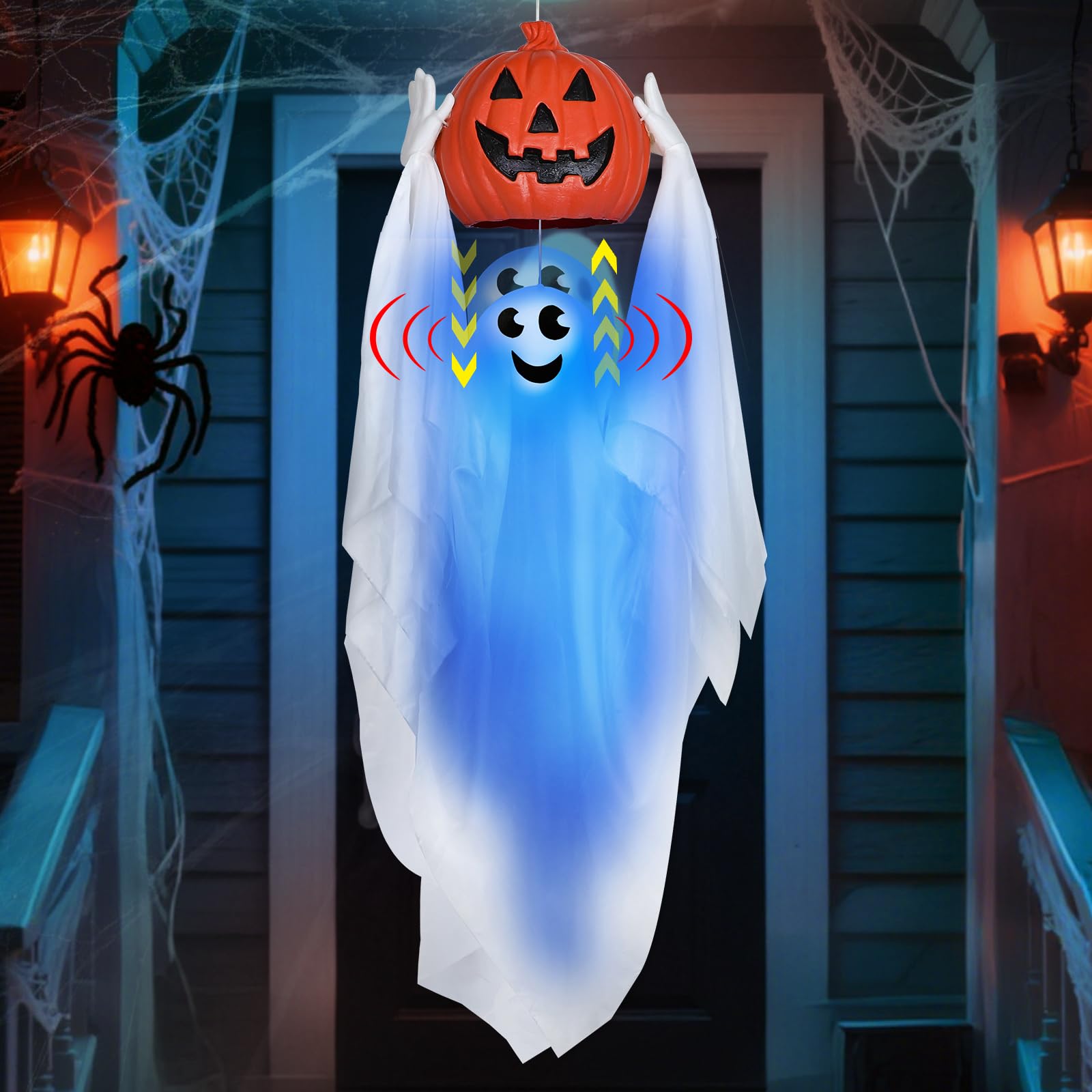 Photo 1 of Sound Activated 43” Halloween Animatronics Hanging Ghost Holding Pumpkin, Hide-and-Seek Ghost with Blue Light & Creepy Sound for Halloween Decorations Outdoor, Yard Porch Party Haunted House