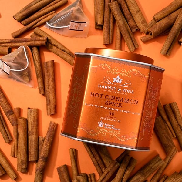 HARNEY & SONS HOT CINNAMON SPICE TEA TIN – BLACK TEA WITH ORANGE & SWEET CLOVE – 2.67 OUNCES, 30 SACHETS