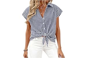 Womens Short Sleeve Shirts Button Down Plaid Collared Tee Tops Casual Loose Fit Comfy Soft Ladies Summer Blouse