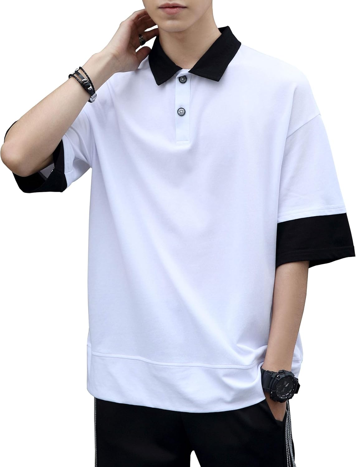 Amazon Hanaku Tシャツ メンズ 五分袖 ラペル カットソー 無地 薄手 涼しいゆったり かっこいい カジュアル ファション 春 夏 綿 Tシャツ T701 Tシャツ カットソー 通販