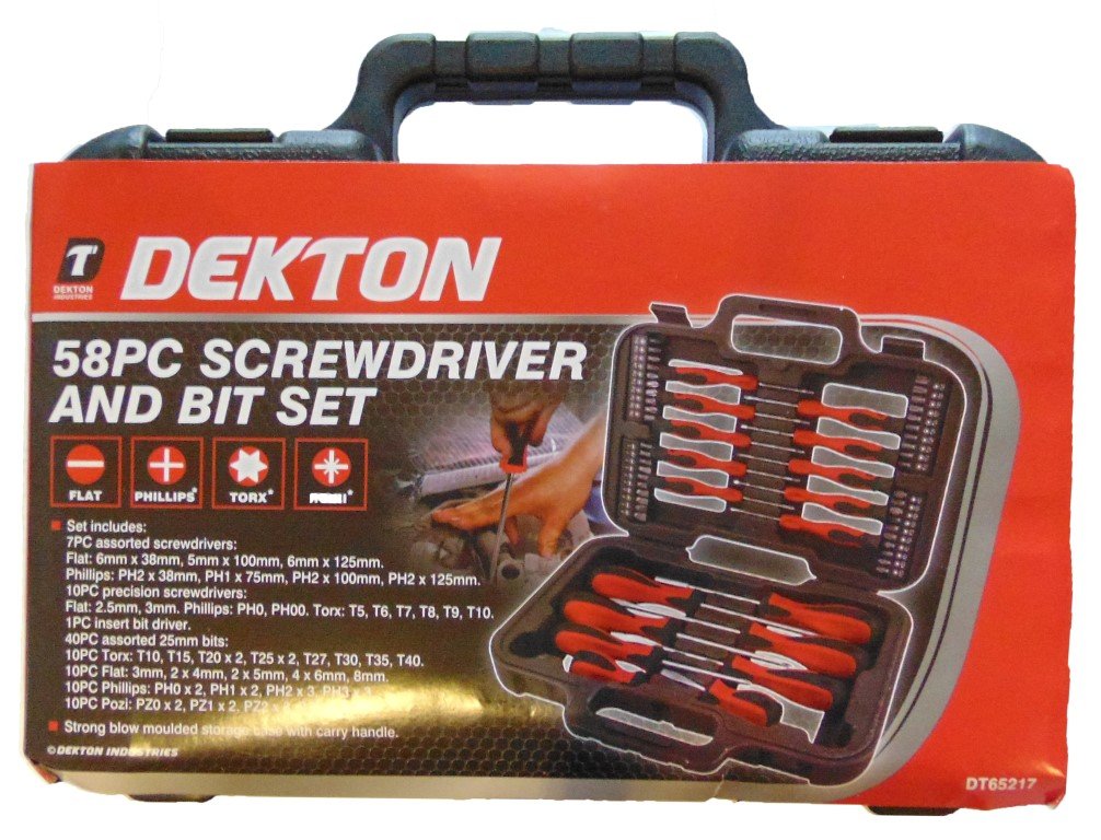 Dekton 58pc Screwdriver and Bit Set - Srong Blow Molded Storage Case with Carry Handle| Set Includes:7pc Assorted Screwdrivers,10pc Precision Screwdrivers,1pc Insert Bit Driver,40pc Assorted Bits