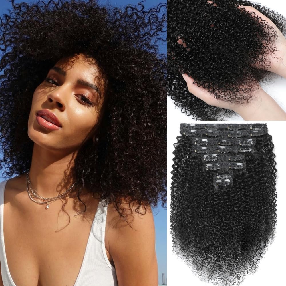YDDM Kinky Curly Clip ins Human Hair Natural Black Remy Human Hair Extensions Natural Thick Clip in Hair Extensions for Black Women 14 Inch 120g 8pcs 20Clips