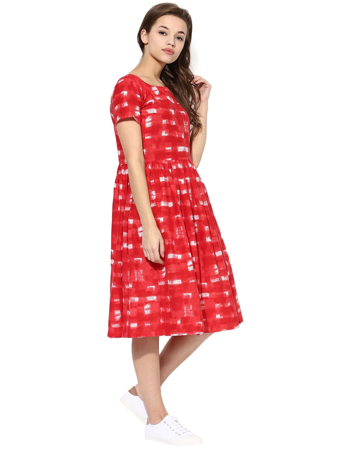 ahalyaa red cotton flare pull over frilled flared summer dress